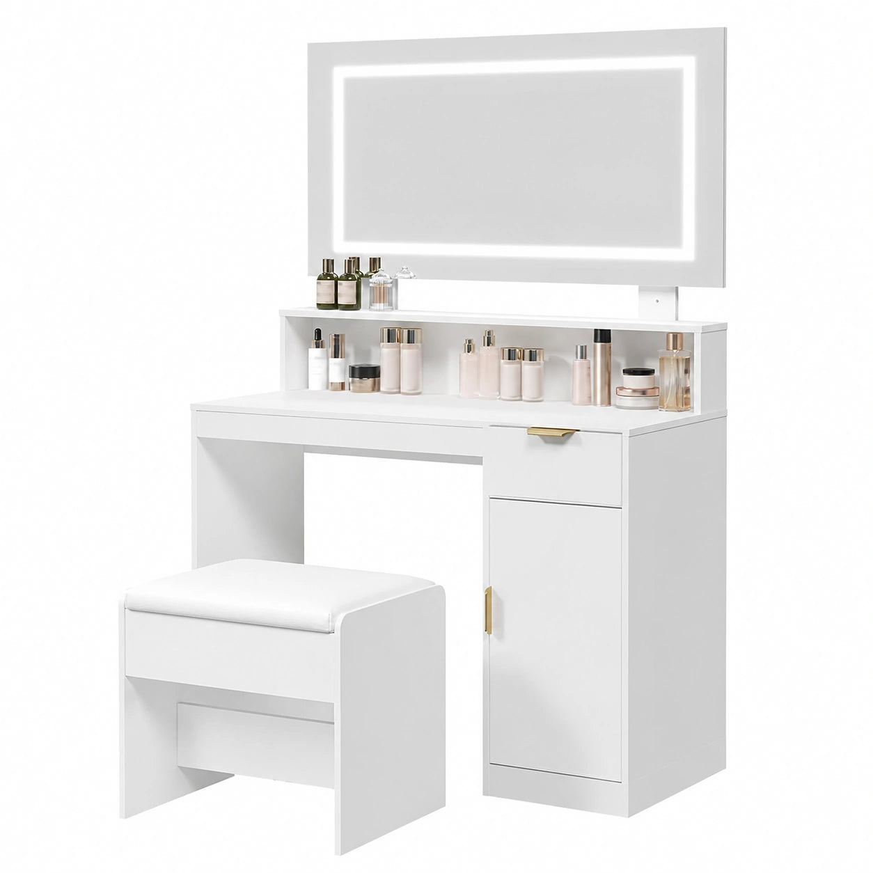 Eleganter Schminktisch mit LED-Beleuchtung und Hocker, Weiß, 80 x 35 x 141 cm