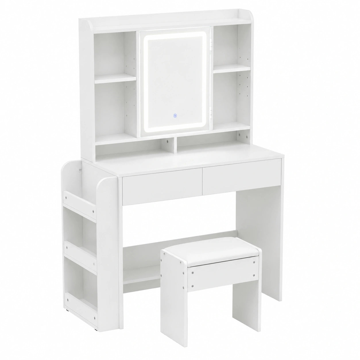 Moderner Schminktisch mit LED, Spiegel und Stauraum, inklusive Hocker, Weiß
