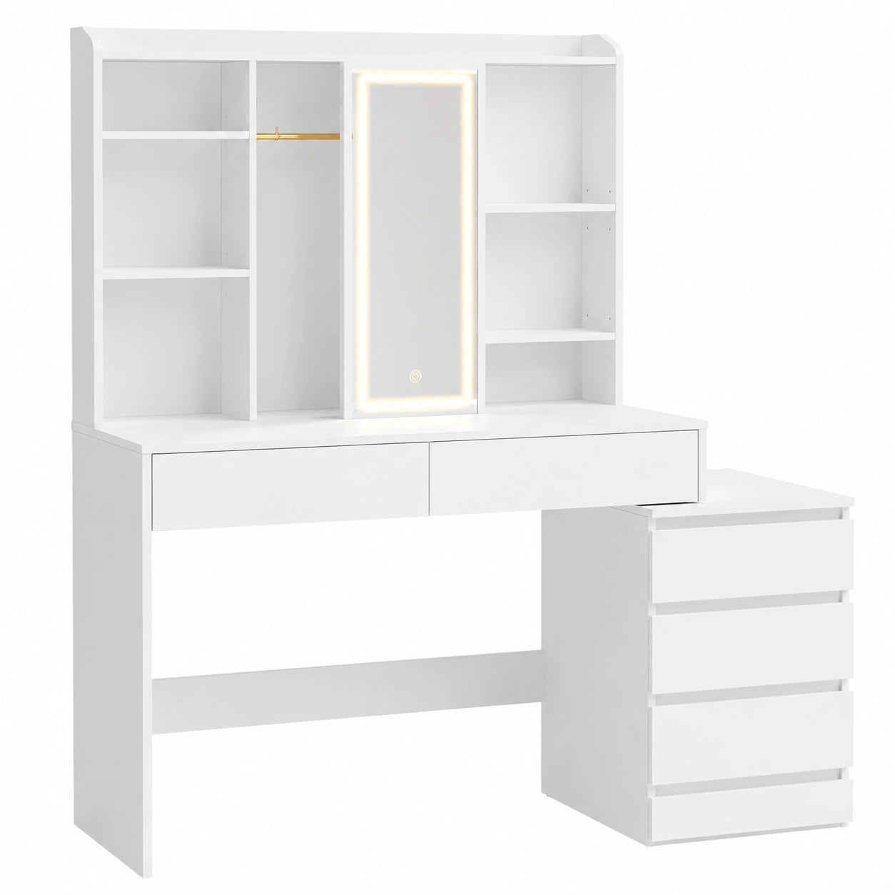 VASAGLE Schminktisch mit LED-Spiegel und Steckdose, verstellbare Ablagen, modern, 40 x 124,7 x 145 cm, Weiß