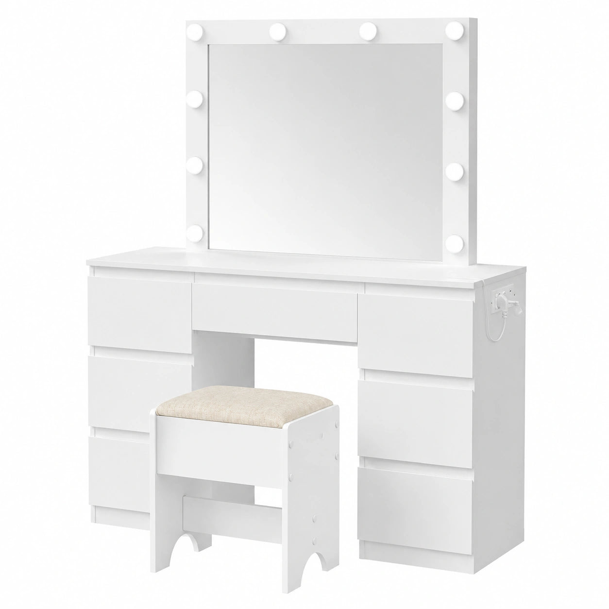 WOLTU Kosmetiktisch mit LED-Beleuchtung und Hocker, 7 Schubladen, großer Spiegel, 110x140,5x39,5cm, Weiß, ideal für Schlafzimmer