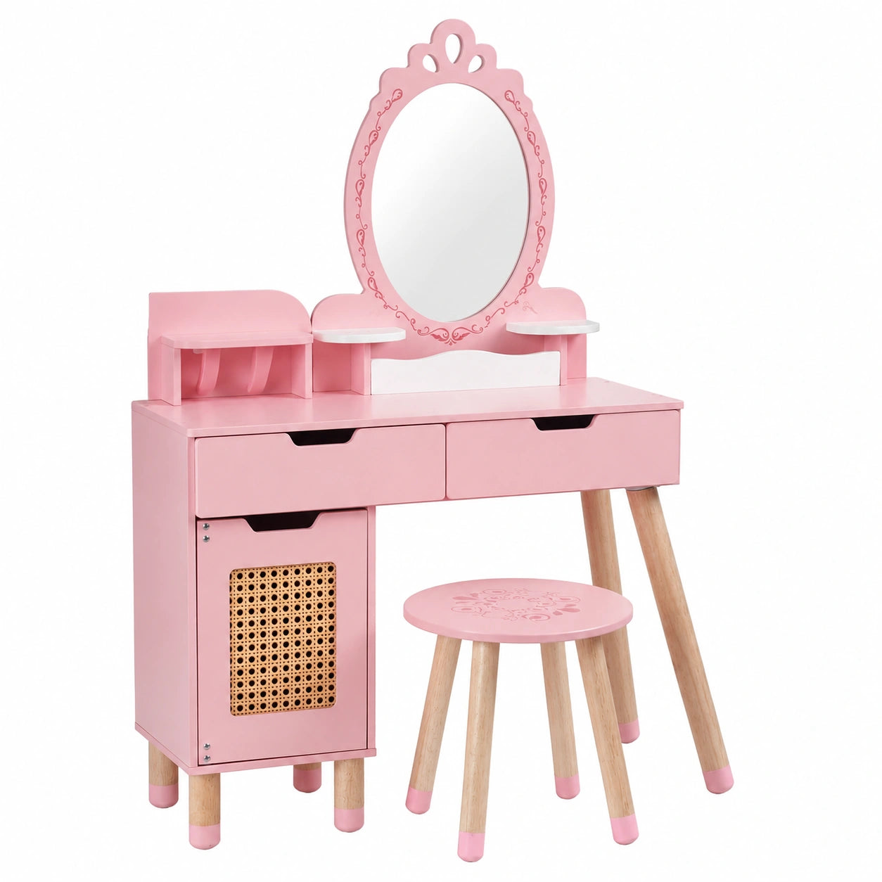 Kinder Schminktisch Set in Rosa mit Hocker und Zubehör, Retro Design