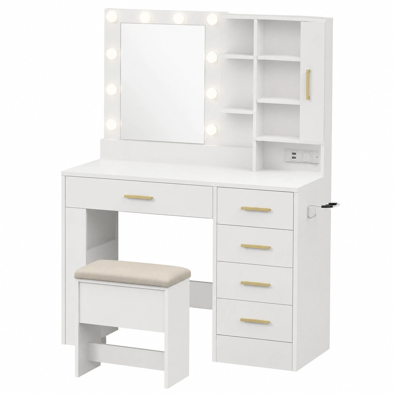 Weißer Schminktisch mit LED-Beleuchtung und Hocker, Spiegel mit einstellbarer Farbtemperatur, 5 Schubladen und offene Regale, ideal fürs Schlafzimmer