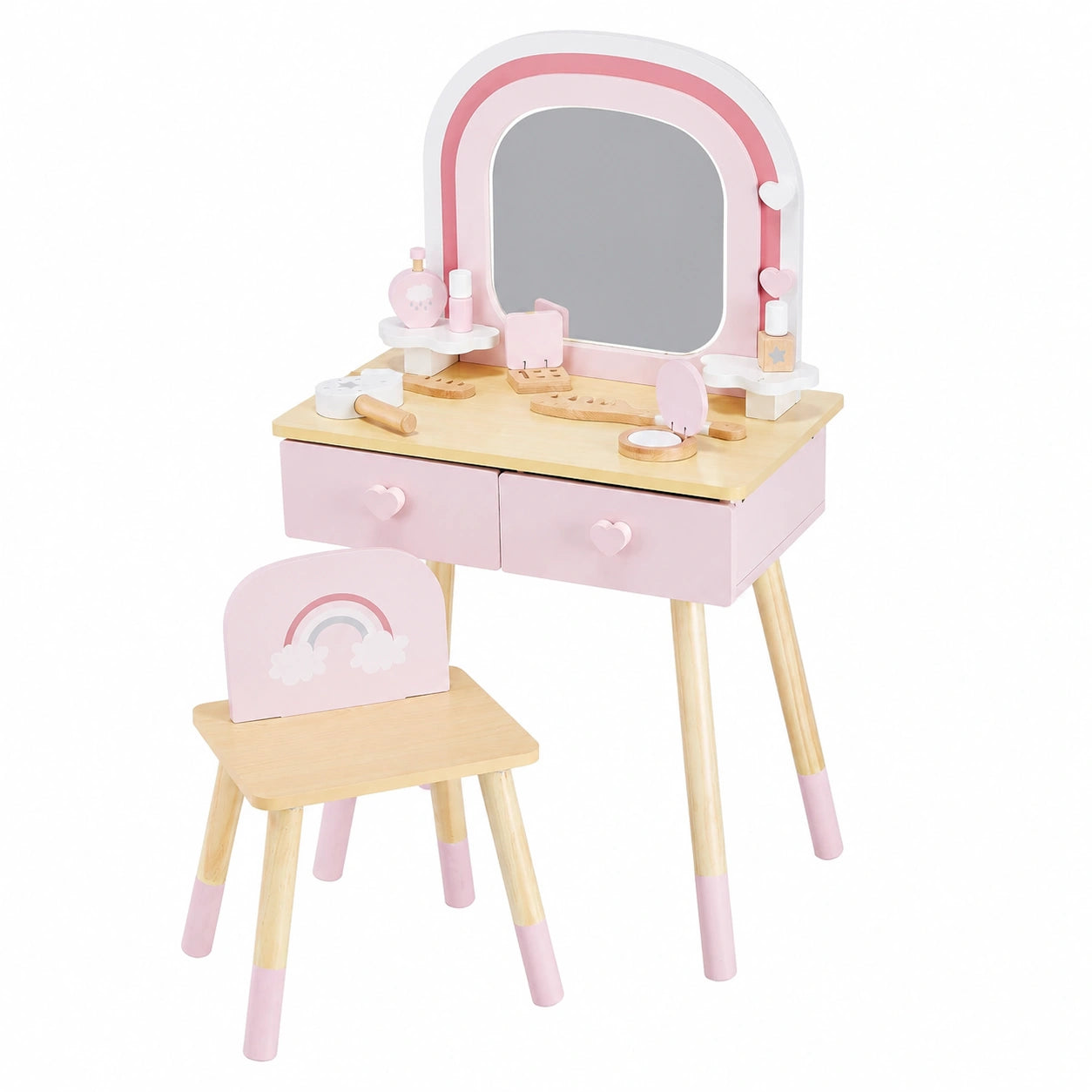 Kinder Schminktisch Holz mit LED Spiegel, Hocker & Zubehör – Ideal fürs Spielzimmer