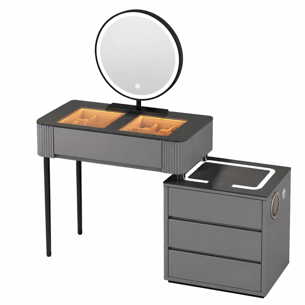 Moderner Schminktisch mit LED-Spiegel, Schubladen & Hocker, kabellose Ladestation & Bluetooth-Lautsprecher