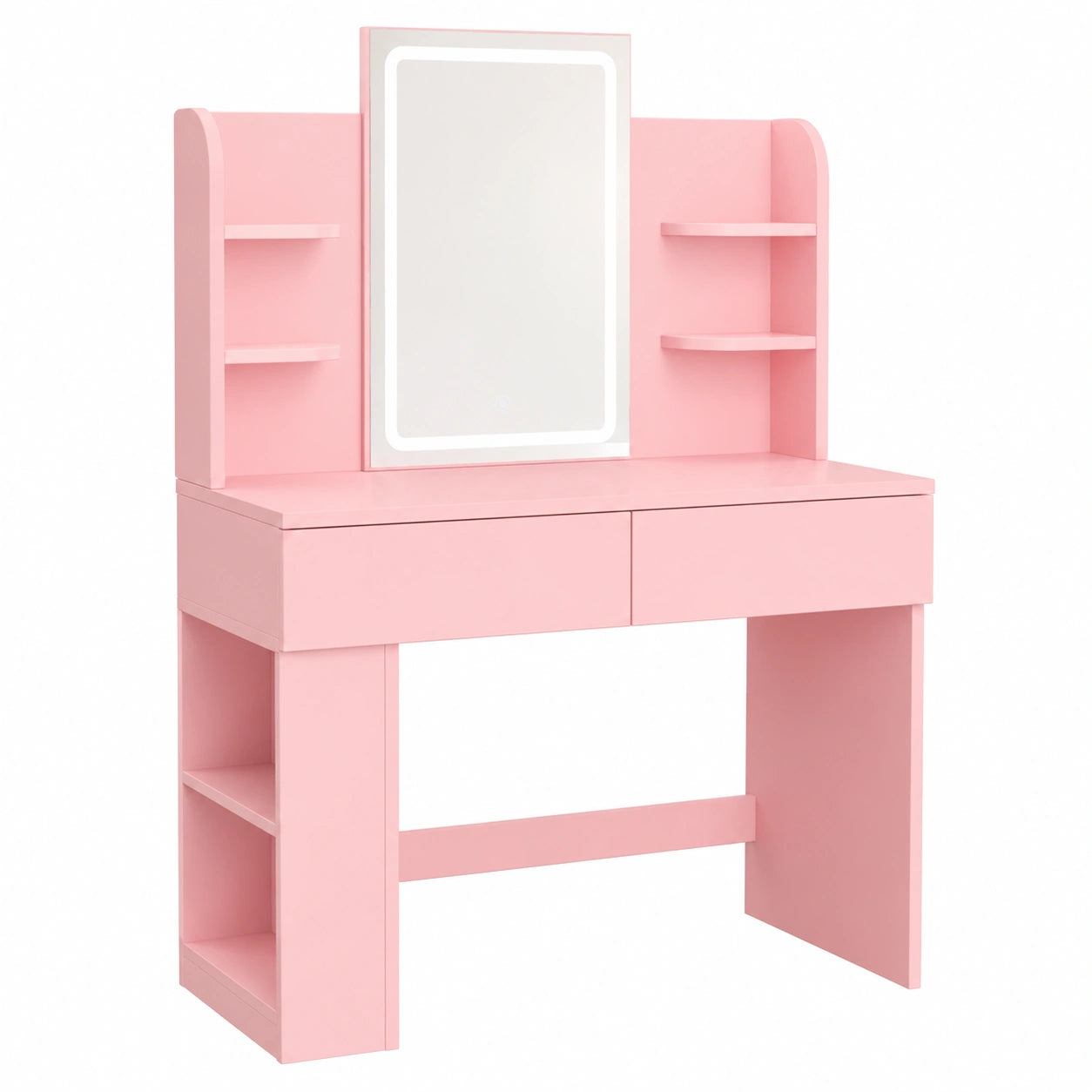 Moderner Rosa Schminktisch mit LED, Spiegel & 2 Schubladen, 108x40x136 cm