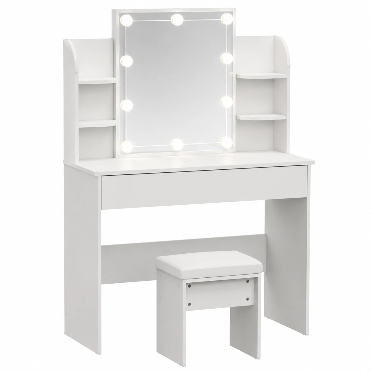 SONNI Schminktisch-Set 108 cm mit Hocker und Spiegel, Kosmetiktisch mit Schubladen & 6 offenen Fächern, dimmbare LED-Beleuchtung in 3 Farben, Weiß, 108x40x140 cm