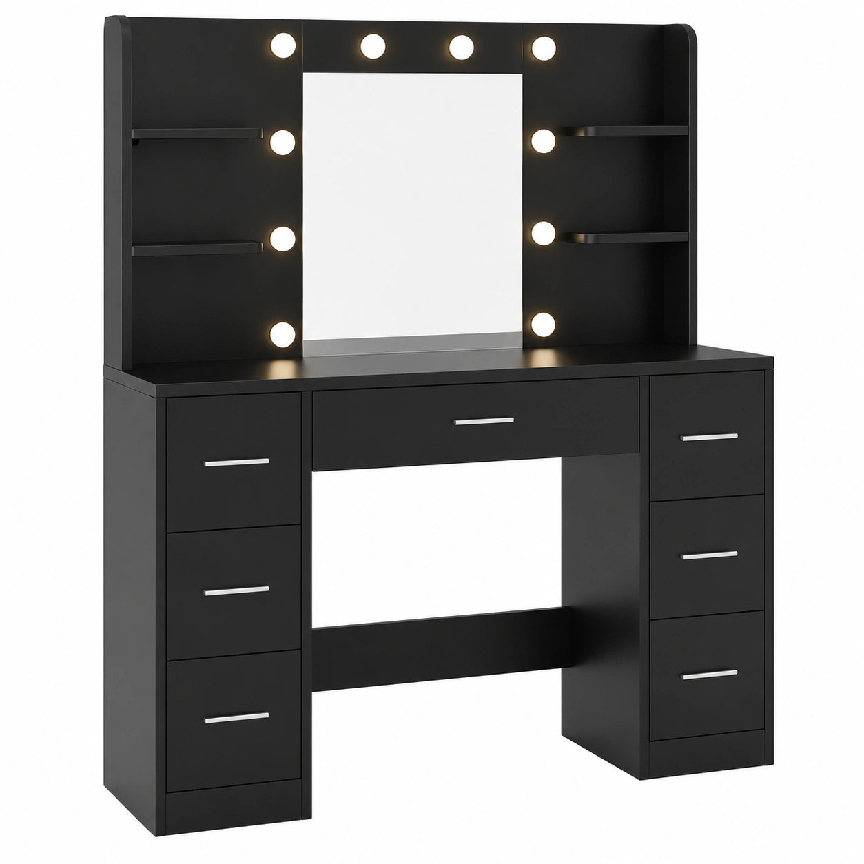 JUMMICO Eleganter Schminktisch mit LED-Beleuchtung und 7 Schubladen, Integrierte Steckdosen, Moderner Frisiertisch für Schlafzimmer, Schwarz