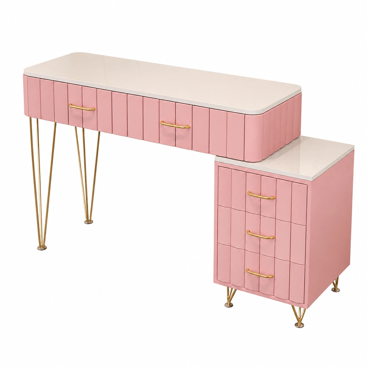 Luxuriöser Schminktisch mit Marmoroptik, Samtfronten und goldenen Griffen, Vormontiert, Rosa