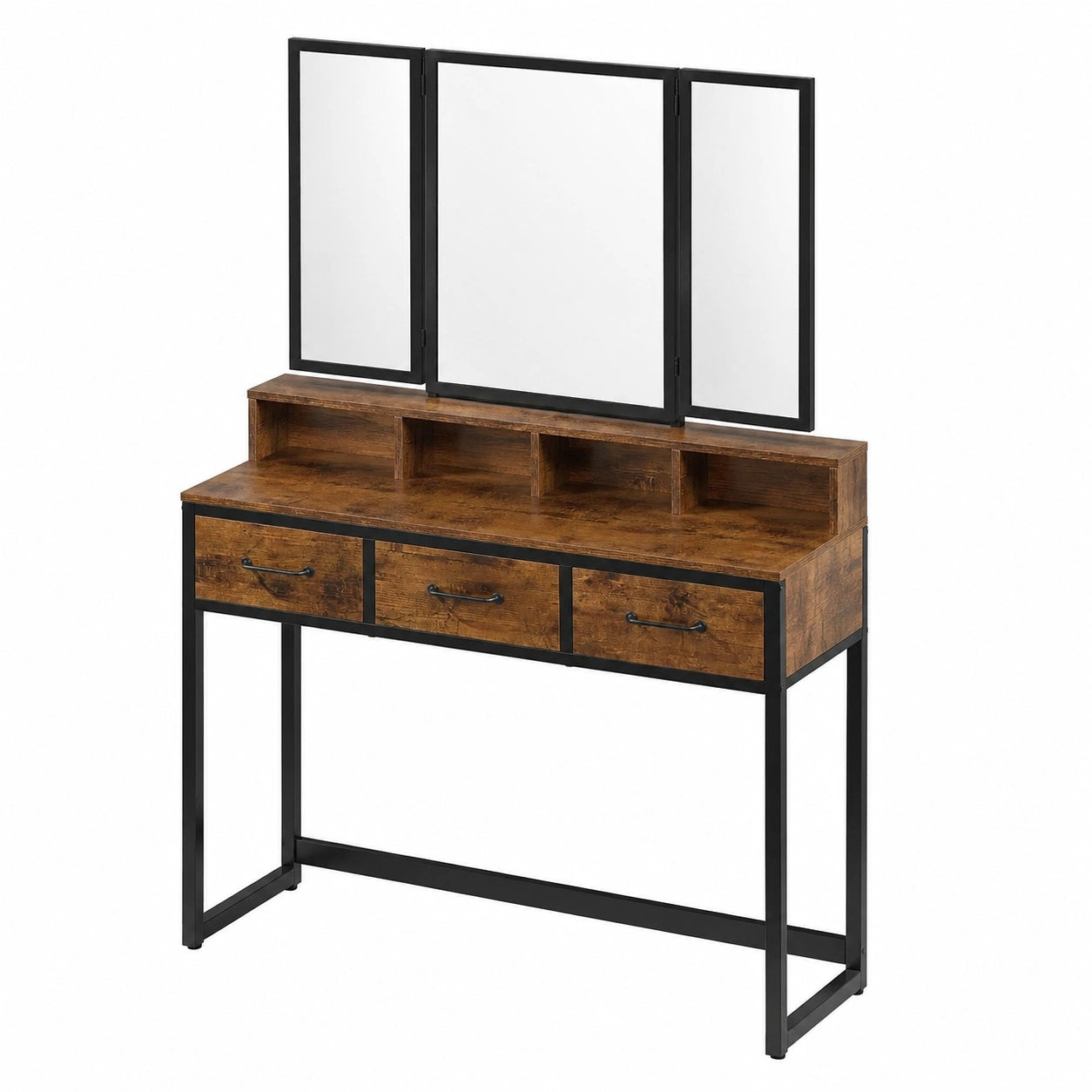 VASAGLE Schminktisch-Set mit Hocker, Vintage-Industriestil, rustikal braun und schwarz, dreifacher Spiegel, 3 Schubladen