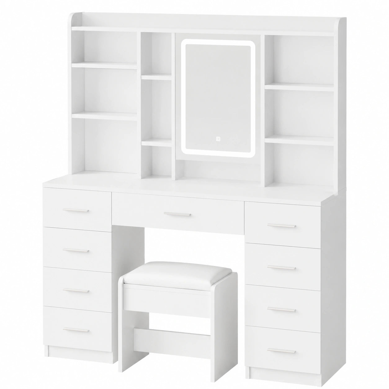Eleganter Schminktisch mit LED-Beleuchtung, Spiegel & Hocker, 9 Schubladen & 7 Regale, Weiß