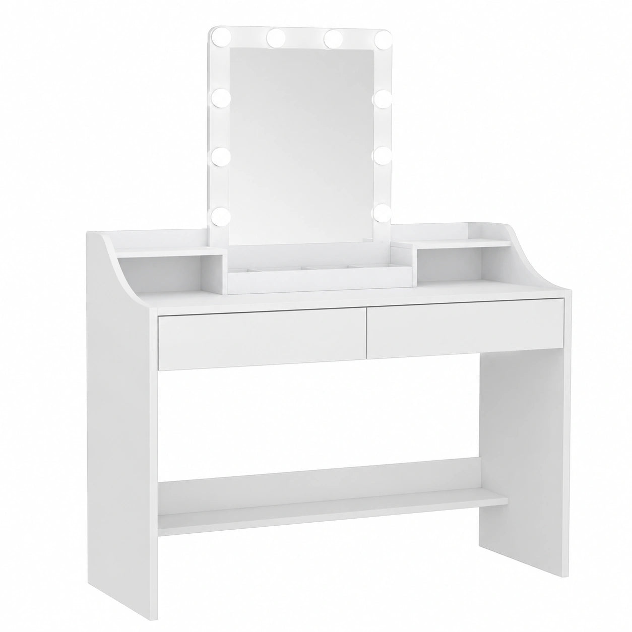 Moderner Schminktisch mit LED-Licht und Spiegel, Weiß, 108 cm, Helligkeit einstellbar, 2 Schubladen, 3 offene Fächer