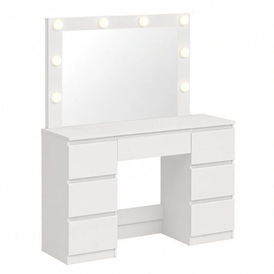 Moderner Schminktisch mit LED-Beleuchtung, 3 Lichtmodi, großer Spiegel, 7 Schubladen, 107x140,5x39,5 cm, Weiß