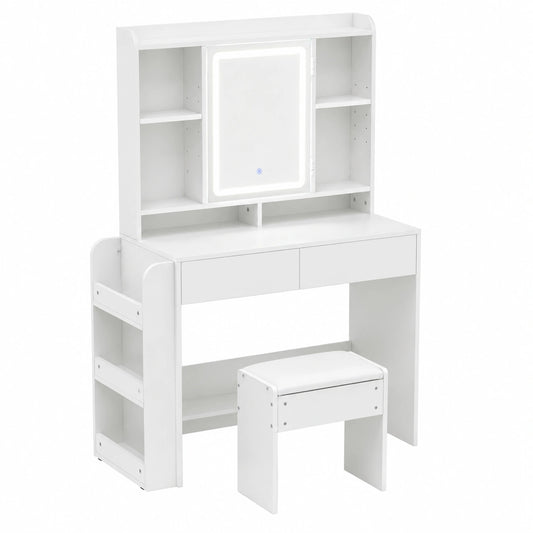 Moderner Schminktisch mit LED, Spiegel und Stauraum, inklusive Hocker, Weiß