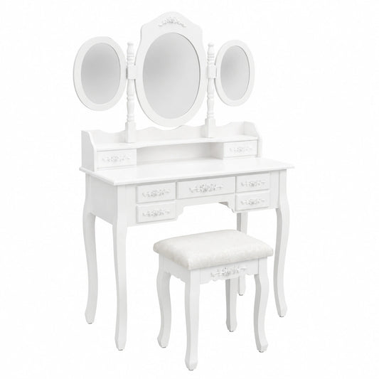 Eleganter Schminktisch mit 7 Schubladen und 3-fach Spiegel - Inklusive Hocker, Weiß