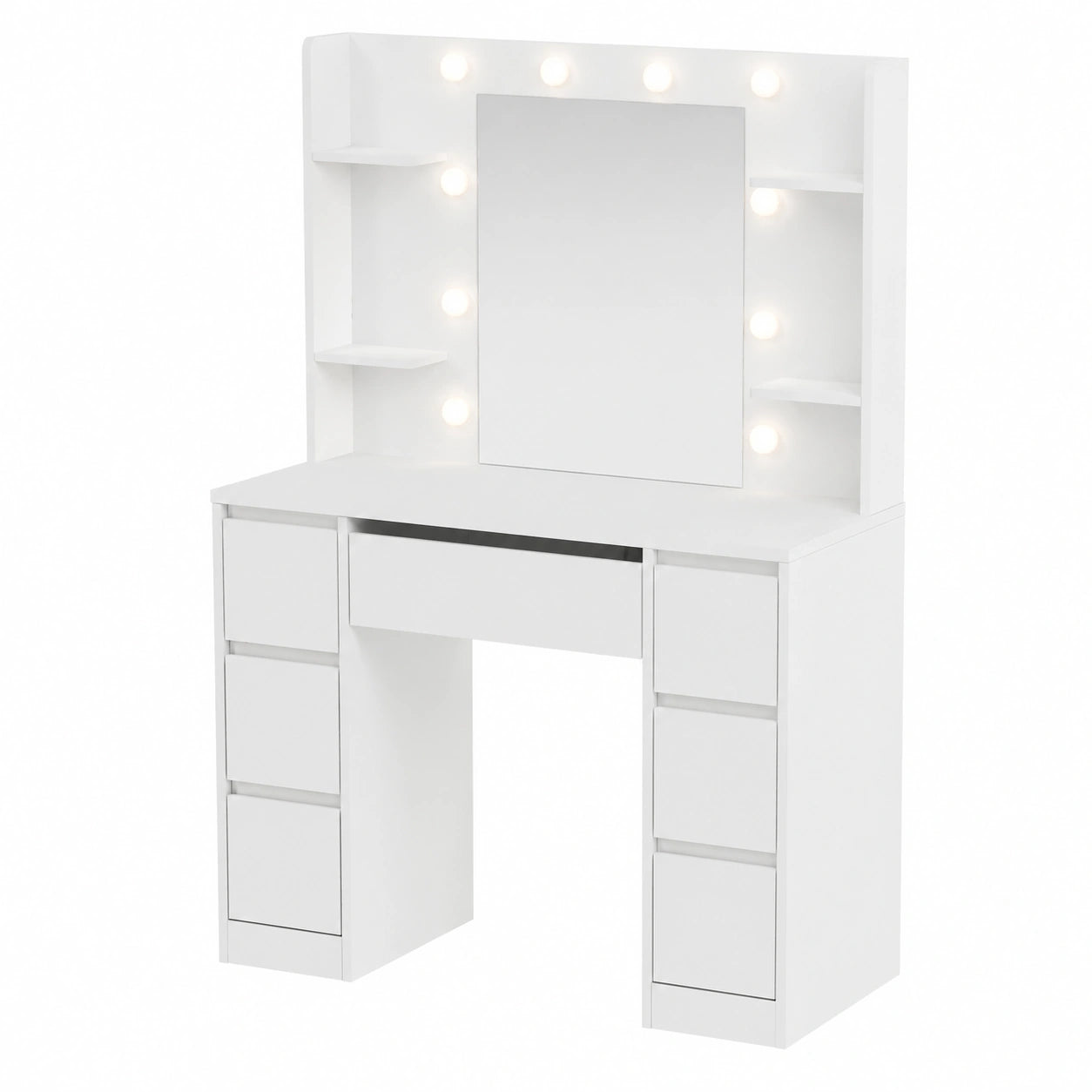 Moderner Schminktisch mit LED-Beleuchtung und Hocker, 7 Schubladen, anpassbare Lichtstufen