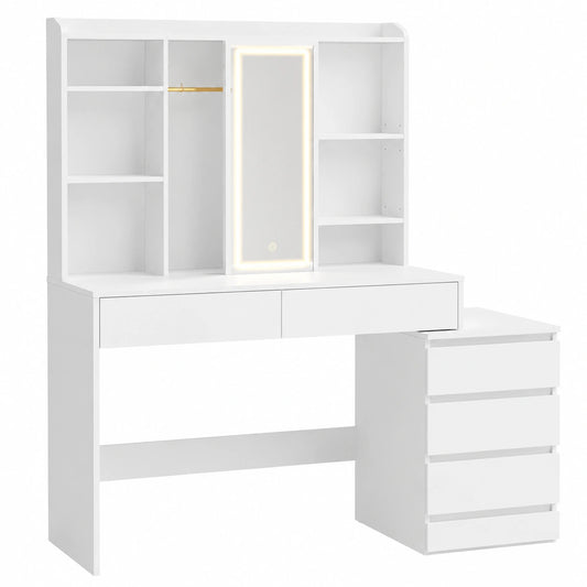 VASAGLE Schminktisch mit LED-Spiegel und Steckdose, verstellbare Ablagen, modern, 40 x 124,7 x 145 cm, Weiß