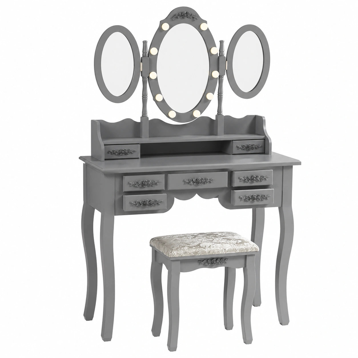 Vicco Schminktisch Diana, Grau, 90 cm, LED-Beleuchtung, Hocker inklusive, höhenverstellbarer Spiegel