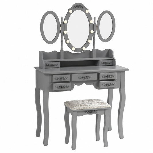 Vicco Schminktisch Diana, Grau, 90 cm, LED-Beleuchtung, Hocker inklusive, höhenverstellbarer Spiegel