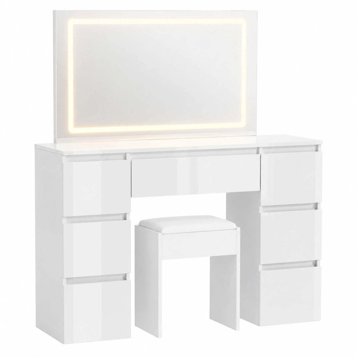 Eleganter Schminktisch mit LED-Beleuchtung und 7 Schubladen, Inklusive Komfortstuhl, Ideal für Schlafzimmer und Umkleide, Hochglanz Weiß