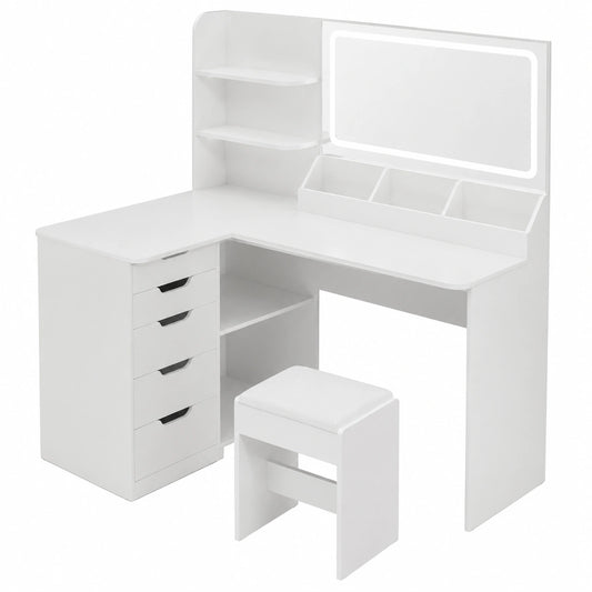 Moderner Schminktisch mit LED, Hocker und Steckdose, 5 Schubladen, Weiß