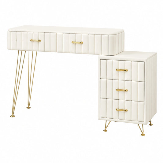 Luxuriöser Schminktisch aus weißem Samt mit goldenen Griffen, moderner Kosmetiktisch mit Spiegel und Stauraum, einfach zu montieren, ideal für Schlafzimmer, 100 cm