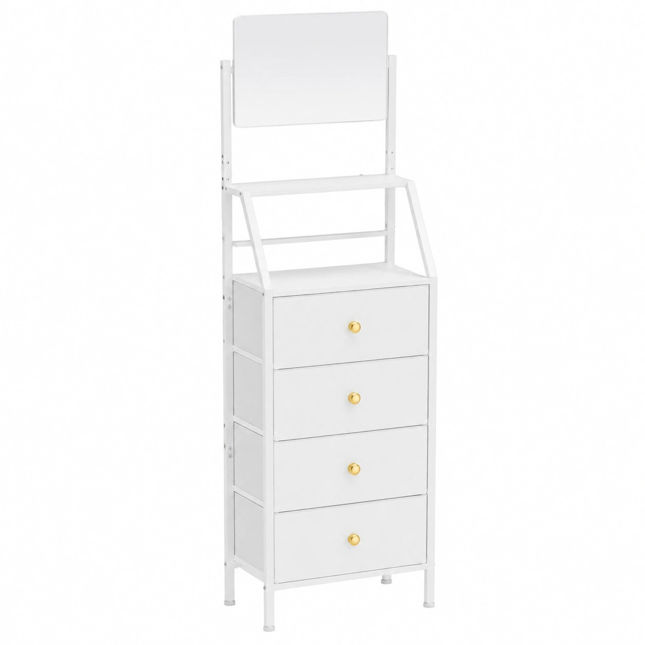 Weiße Schlafzimmer-Kommode mit Spiegel und 4 Stoffschubladen, 147 cm hoch
