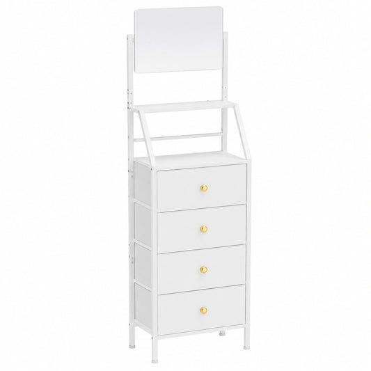 Weiße Schlafzimmer-Kommode mit Spiegel und 4 Stoffschubladen, 147 cm hoch
