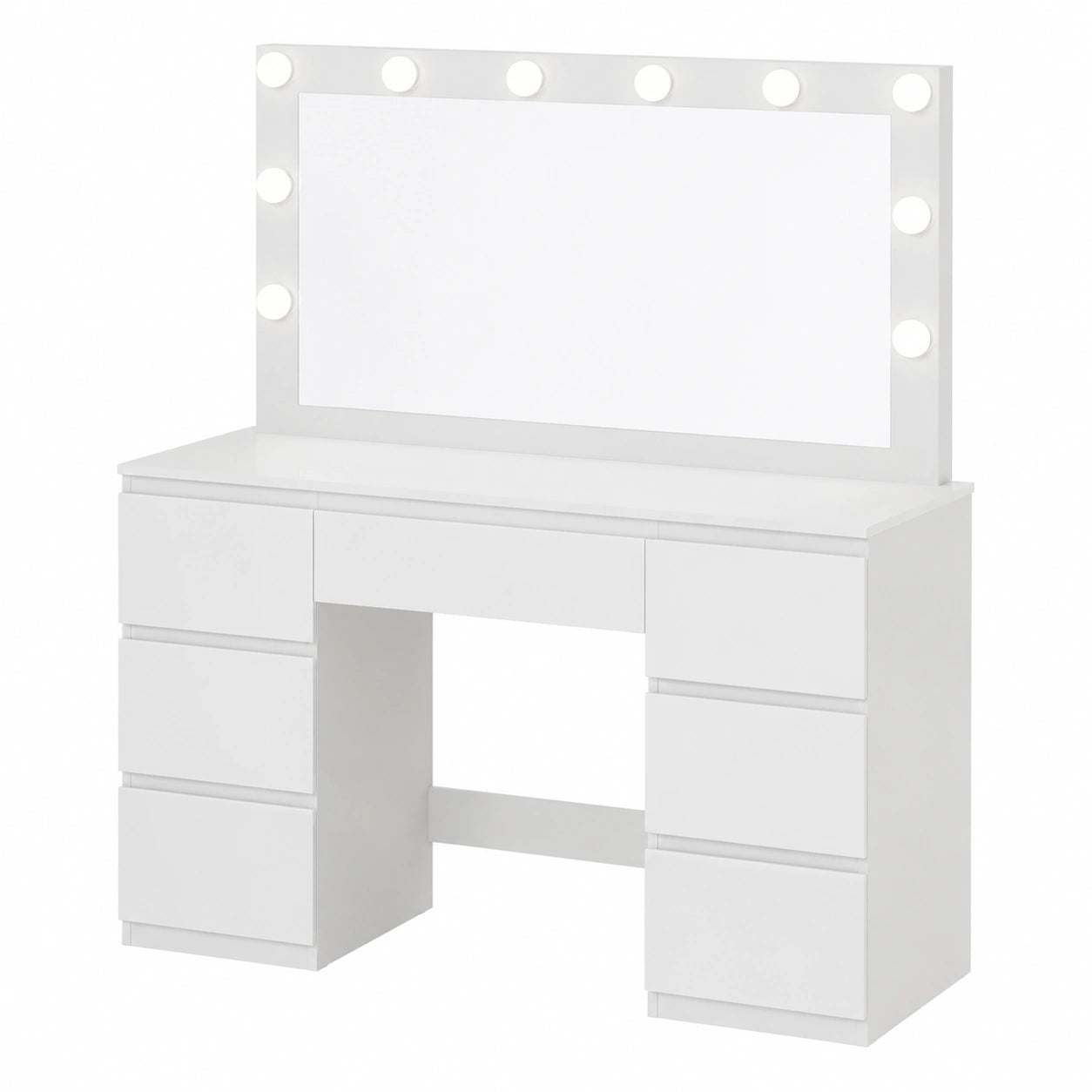 Schminktisch mit LED-Spiegel, Hochglanz Weiß, 7 Schubladen, 120x40x140 cm, für Schlafzimmer