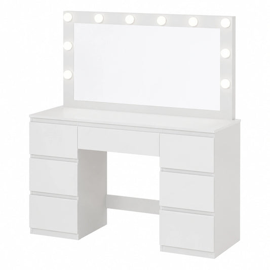 Schminktisch mit LED-Spiegel, Hochglanz Weiß, 7 Schubladen, 120x40x140 cm, für Schlafzimmer