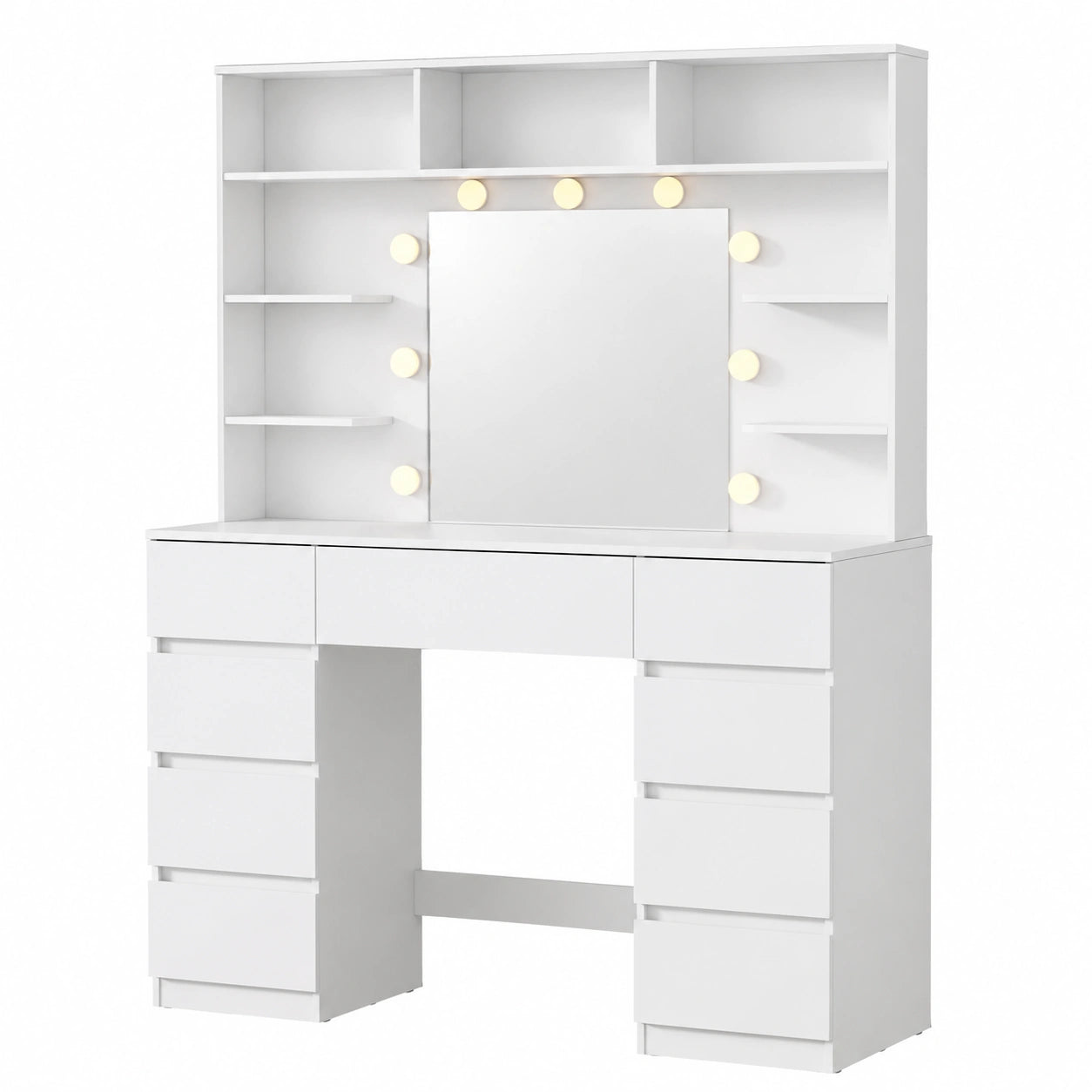 Moderner Schminktisch mit LED-Beleuchtung, 107 cm breit, 9 Schubladen, Weiß