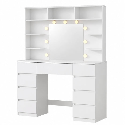 Moderner Schminktisch mit LED-Beleuchtung, 107 cm breit, 9 Schubladen, Weiß