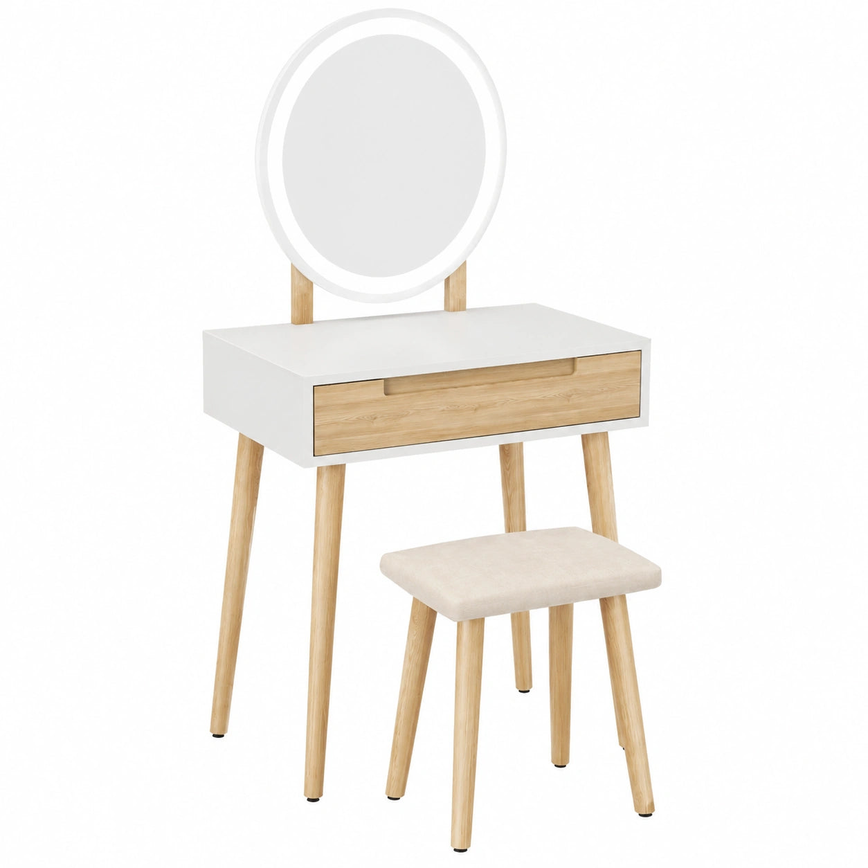 YU YUSING Schminktisch mit LED-Beleuchtung und Spiegel, Frisiertisch mit Stuhl und Schubladen, Kosmetiktisch einstellbare Helligkeit, Eiche