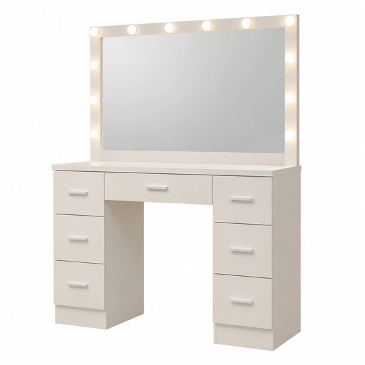 Eleganter Schminktisch Ginny mit LED-Beleuchtung und Stauraum, Weiß