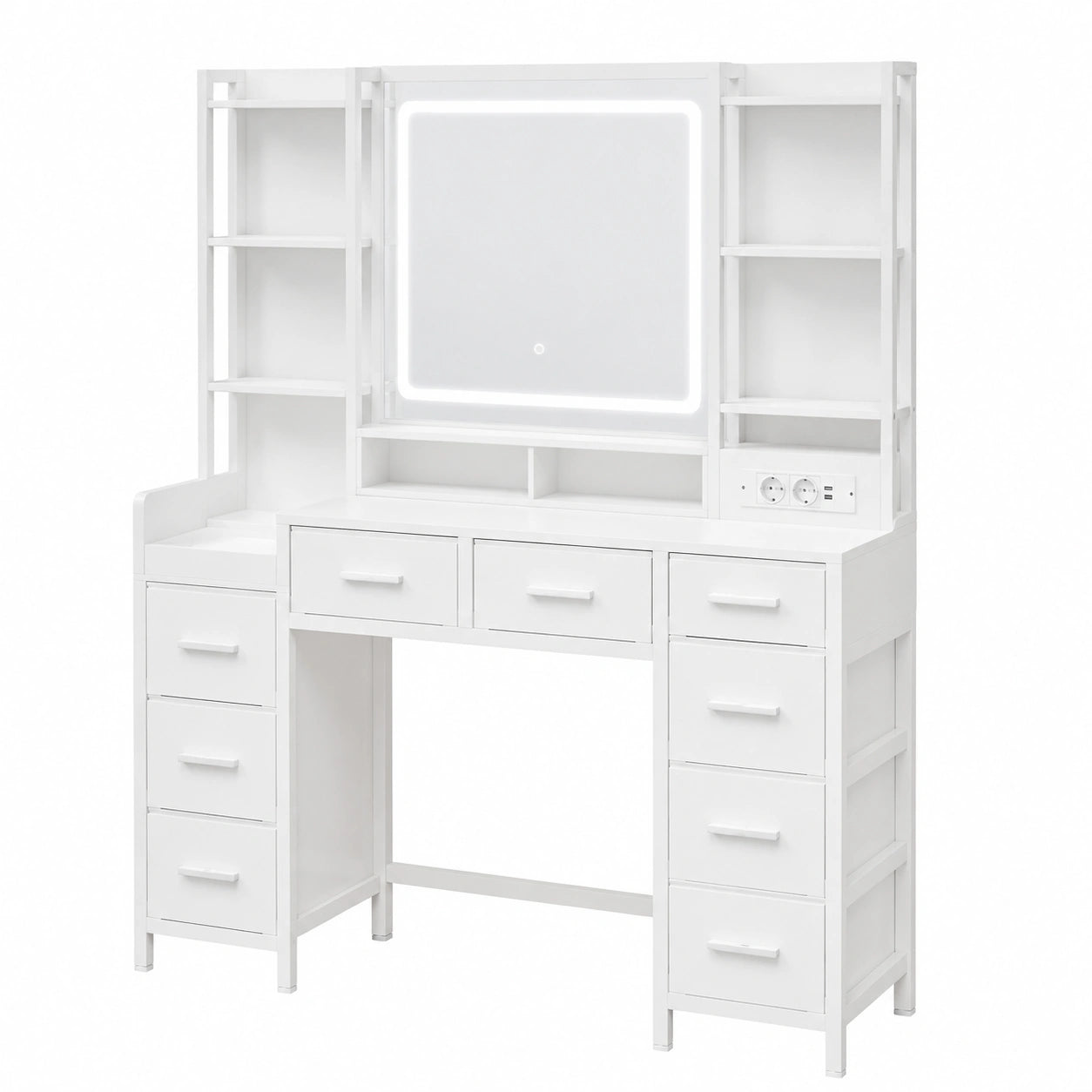 Moderner Schminktisch 120 cm mit LED-Spiegel und 9 Schubladen, Weiß
