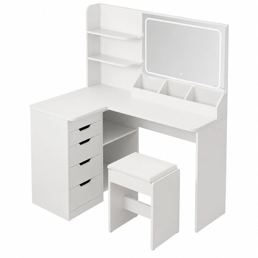 JUMMICO Eck-Schminktisch mit LED-Beleuchtung, 120 cm breit, inklusive Spiegel und Hocker, 5 Schubladen, USB-Anschlüsse, Weiß