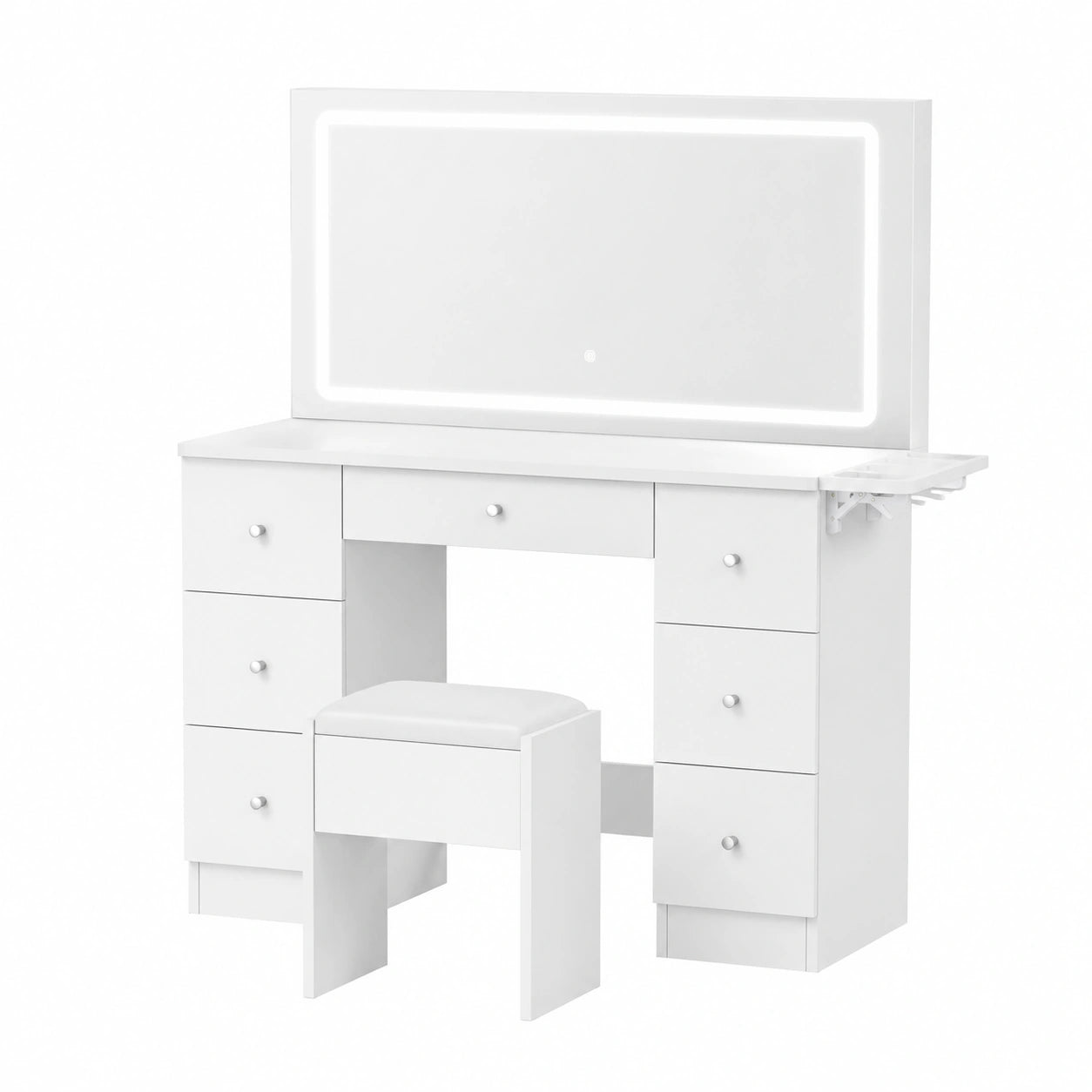 ALFORDSON Kosmetiktisch-Set mit Klappspiegel und Steckdose, Schminktisch mit Hocker und 7 Schubladen, stufenlos dimmbar, 3 Farbmodi, Weiß