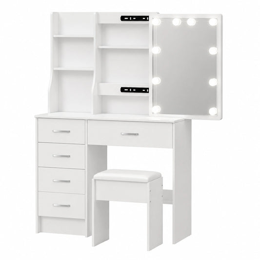 Kosmetiktisch mit Spiegel und Hocker, dimmbare LED-Beleuchtung, 6 Schubladen, 6 Regale, 36x80x131 cm, Weiß