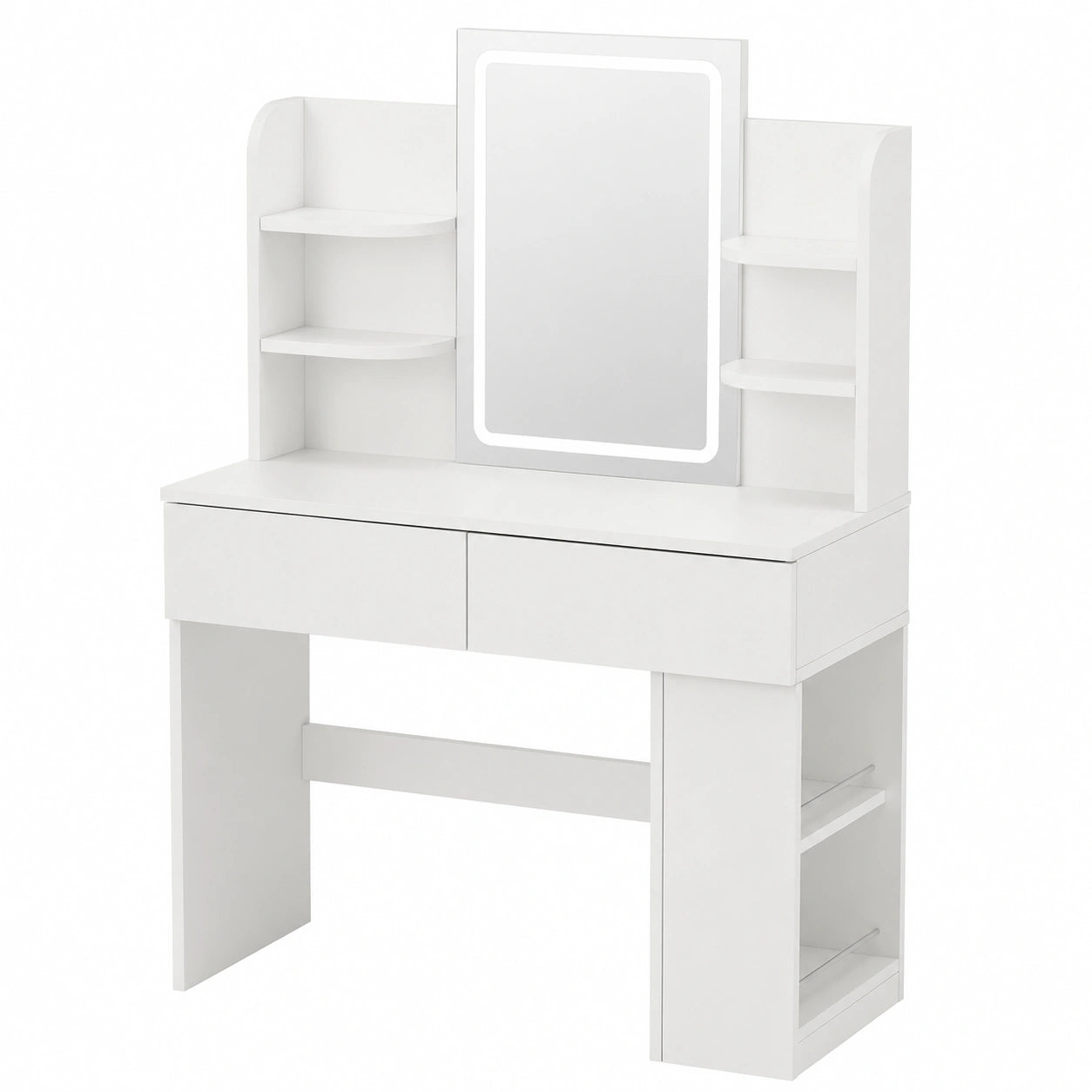 Eleganter Schminktisch mit LED-Spiegel und Seitenschrank, Weiß, 135x90x40 cm