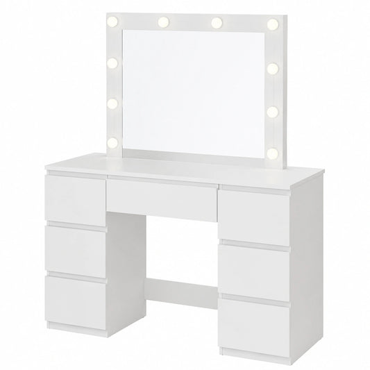 Eleganter Schminktisch mit LED-Beleuchtung und Spiegel, 7 Schubladen, Weiß, 107x40 cm