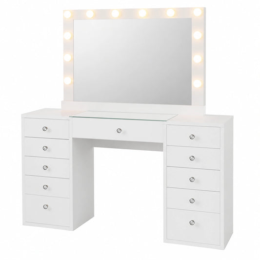 Moderner Schminktisch mit LED-Beleuchtung und Spiegel, 100x75 cm, USB-Anschlüsse, Weiß