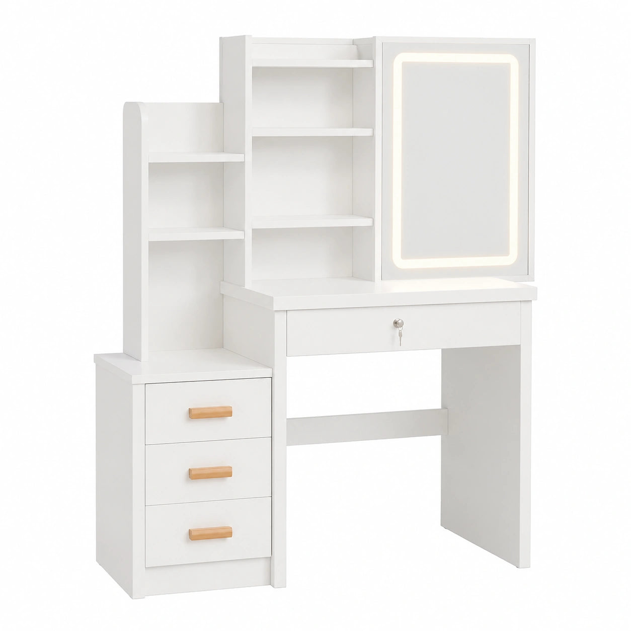 Moderner Schminktisch mit LED Spiegel und Hocker, Weiß, 4 Schubladen, Ablagefächer, 80x36x135 cm