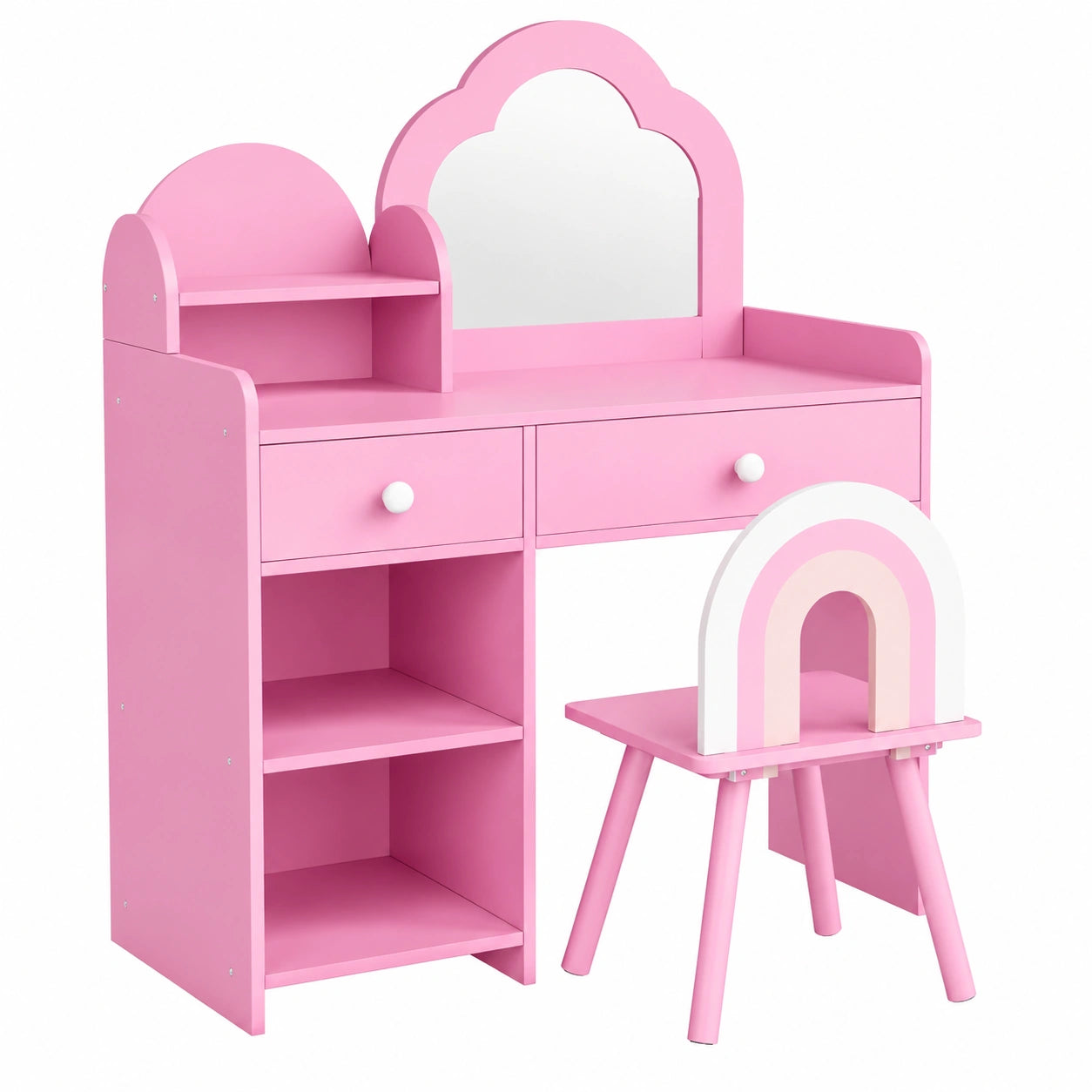 Kinder Schminktisch Set mit Spiegel und Stauraum, Prinzessinnen Frisiertisch aus Holz, Rosa Wolkenform, 73,5x40x90,5 cm