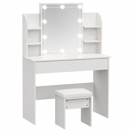 SONNI Schminktisch-Set 108 cm mit Hocker und Spiegel, Kosmetiktisch mit Schubladen & 6 offenen Fächern, dimmbare LED-Beleuchtung in 3 Farben, Weiß, 108x40x140 cm