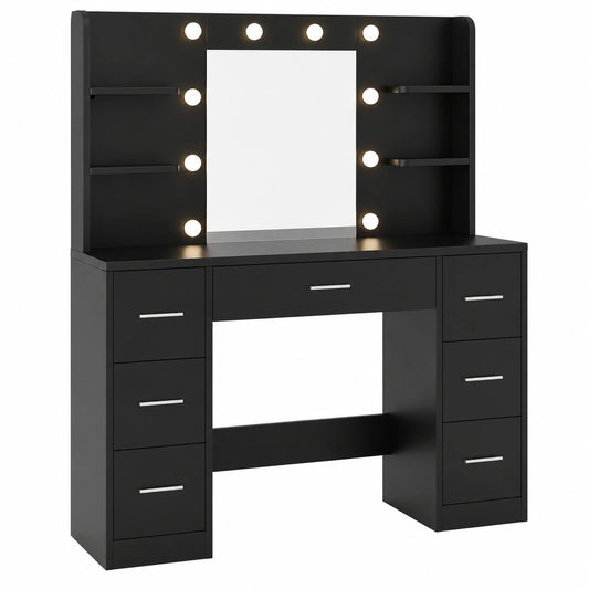 JUMMICO Eleganter Schminktisch mit LED-Beleuchtung und 7 Schubladen, Integrierte Steckdosen, Moderner Frisiertisch für Schlafzimmer, Schwarz
