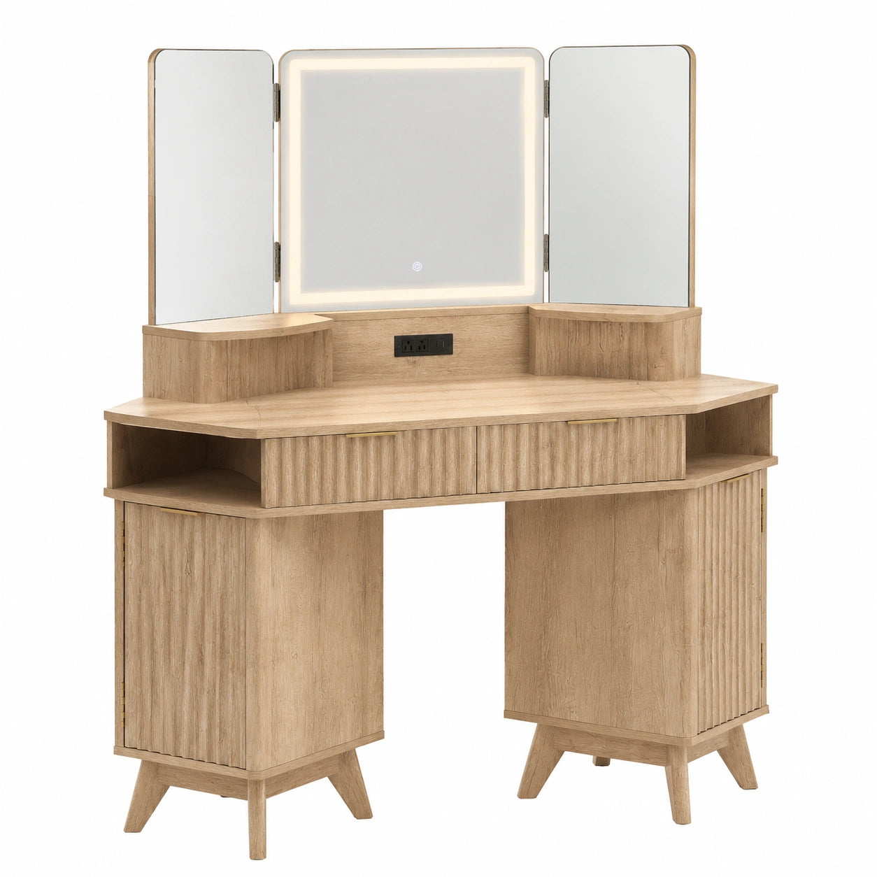 Eck-Schminktisch aus Natur-Eiche mit LED-Beleuchtung, 3-fach Spiegel, Glasplatte und USB-Ladestation