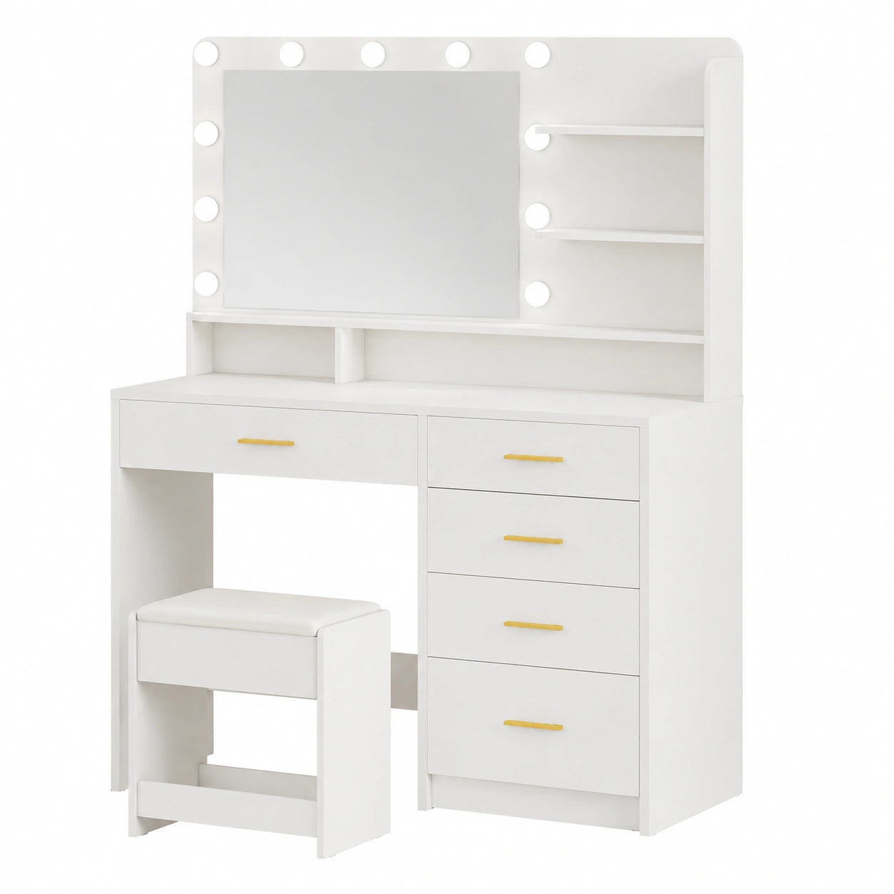 Eleganter Schminktisch mit LED-Beleuchtung und Spiegel, inklusive Hocker und Haartrocknerhalter, Weiß