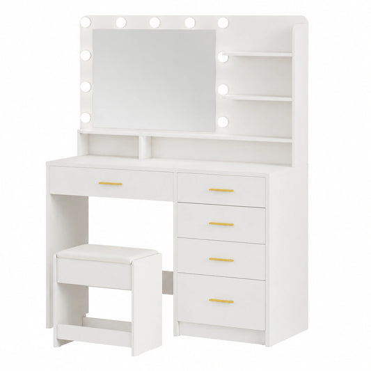Eleganter Schminktisch mit LED-Beleuchtung und Spiegel, inklusive Hocker und Haartrocknerhalter, Weiß