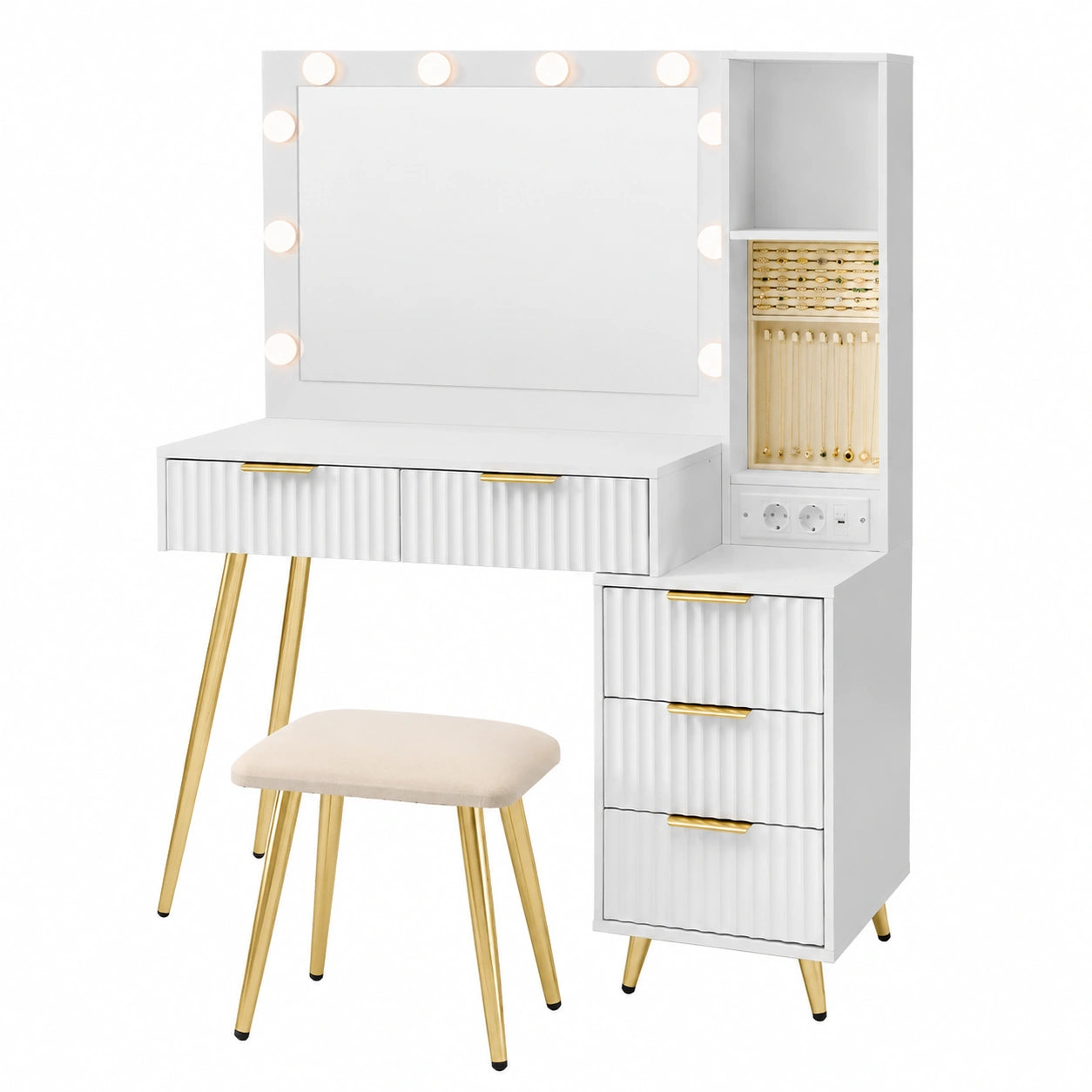 VASAGLE Frisiertisch mit Hocker und LED-Spiegel, Kosmetiktisch mit Schubladen und Ladestation, 10-fach Vergrößerung, Schmucktablett, 40 x 110 x 135 cm, Wolkenweiß