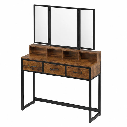 VASAGLE Schminktisch-Set mit Hocker, Vintage-Industriestil, rustikal braun und schwarz, dreifacher Spiegel, 3 Schubladen