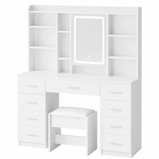 Eleganter Schminktisch mit LED-Beleuchtung, Spiegel & Hocker, 9 Schubladen & 7 Regale, Weiß